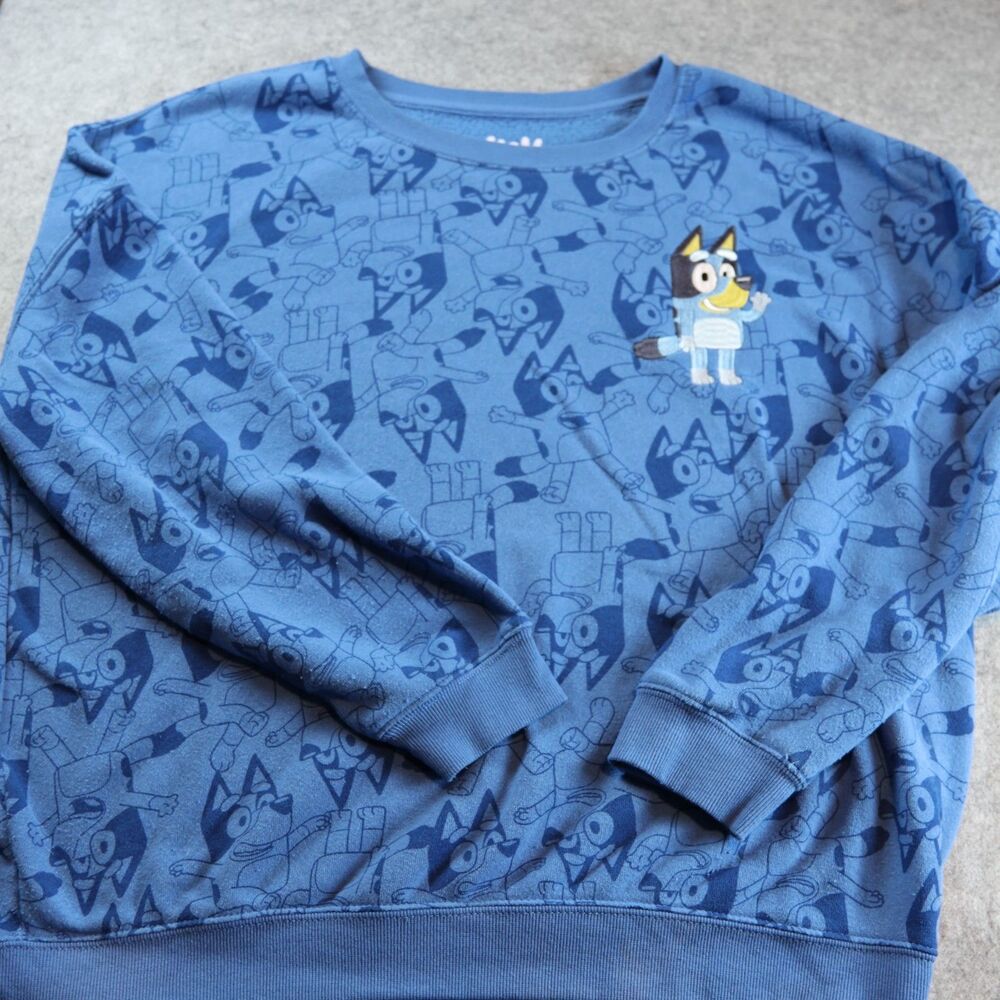 Bluey Bandit Embroidered All-Over Print Crewneck Sweatshirt – Blue – Adult L